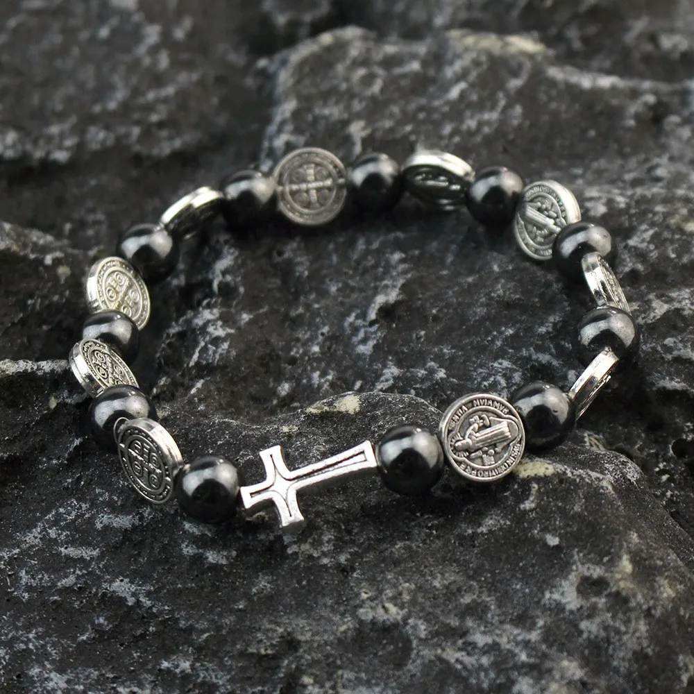 Modisches Katholisches Rosenkranz-Armband St. Benedikt Medaille Kreuz Gebetsarmband Hämatit-Perlen Religiöser Schmuck Accessoires – Detail 5