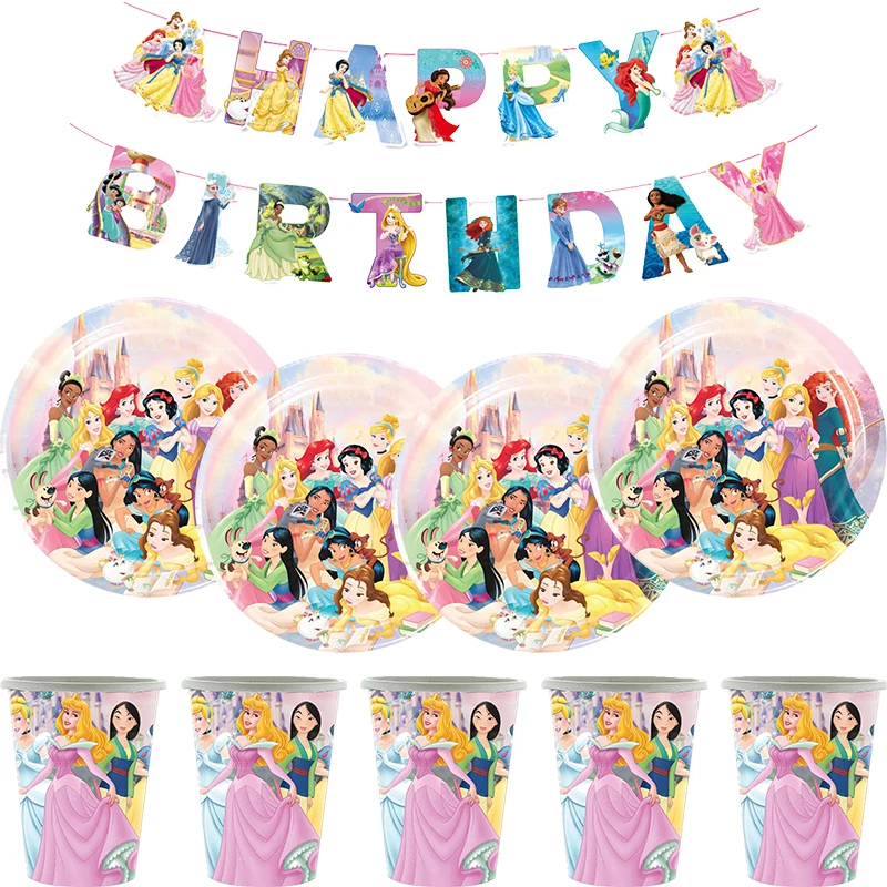 Disney Happy Girls Princess Dekoracja urodzinowa Jednorazowa zastawa stołowa Kubki Talerze Królewna Śnieżka Belle Balon Dostawy Baby Shower