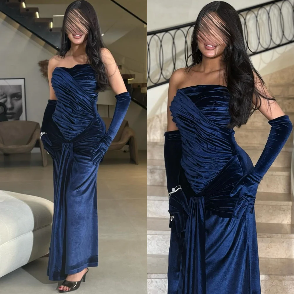 

Customized Classic Blue Velour Evening Dresses Temperament Strapless Sleeveless Homecoming Dresses Luxury Vestido De Festa