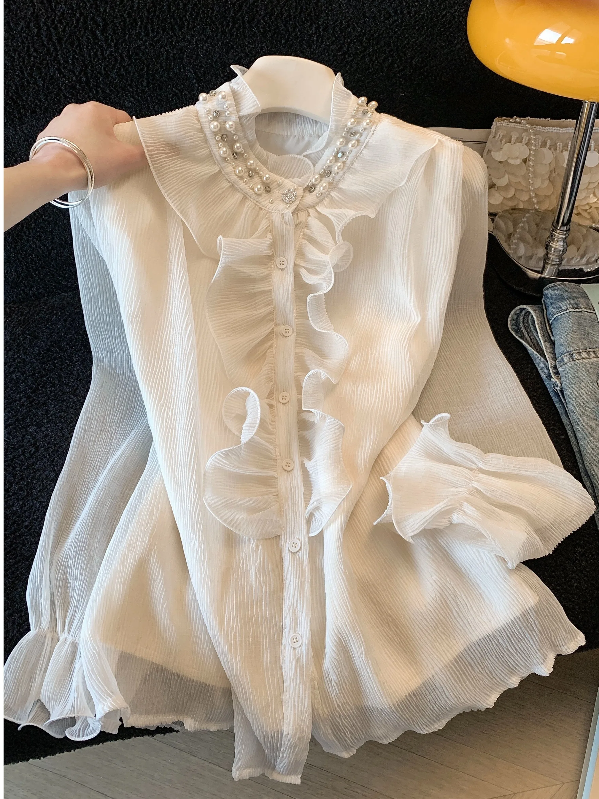 

Ele Long Sve irt Women's Spring Faion New Loose Top Heavy Embelliment Lace Trim Commute Sle Korean Version