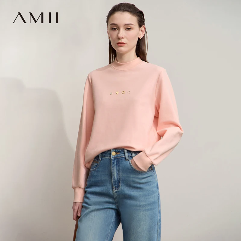 AMII Woman Sweatshirts Cotton Half High Collar Loose Casual Tops Ladies 2025 Autumn Knitted Versatile Female Sweatshirt 12524004