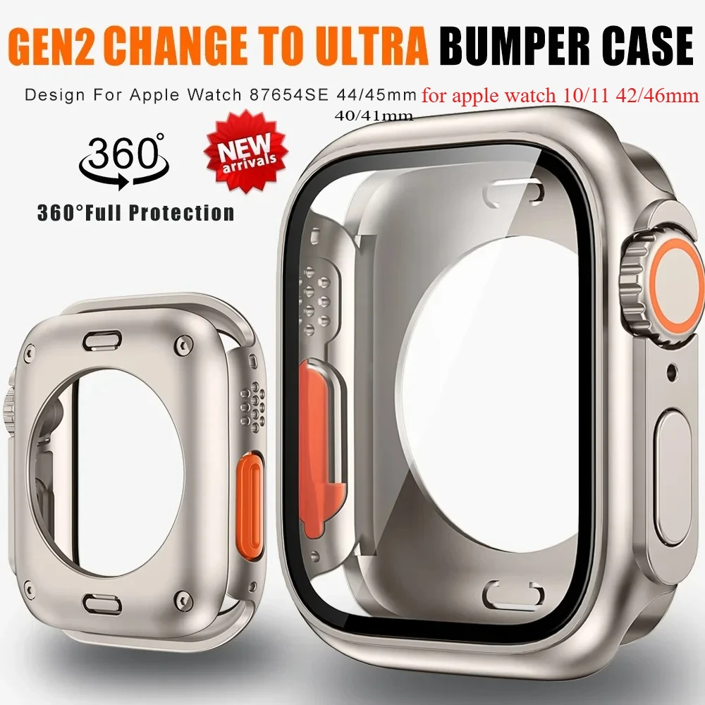 Change To Ultra 360 Full Cover Case for Apple Watch 11 46mm 42 45 44 41 40 Tempered Glass Screen Protector for IWatch10 9876SE54