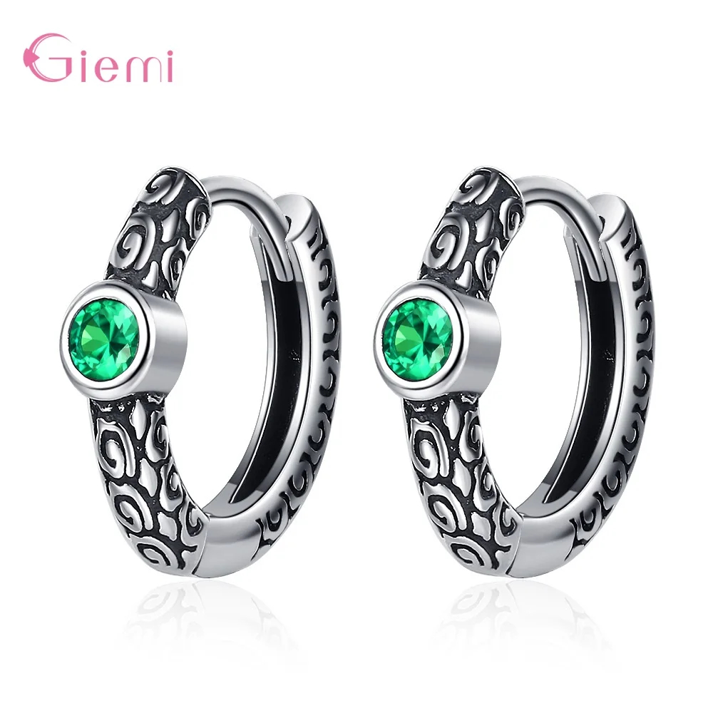 Genuine 925 Sterling Silver Vintage Thai Silver Ear Buckle Green Zirconium Unisex Earrings for Women Men Party Jewelry Gifts