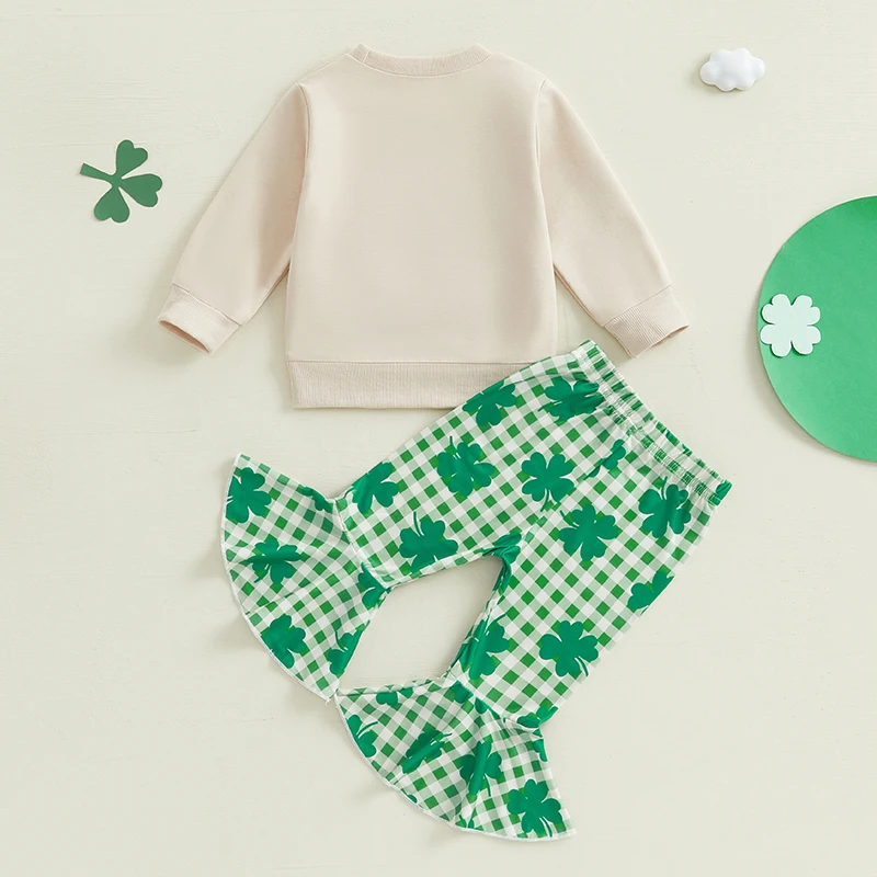 Conjunto de leggings y top con mangas con volantes y estampado de trébol verde para niñas pequeñas del día de San Patricio con diadema a juego