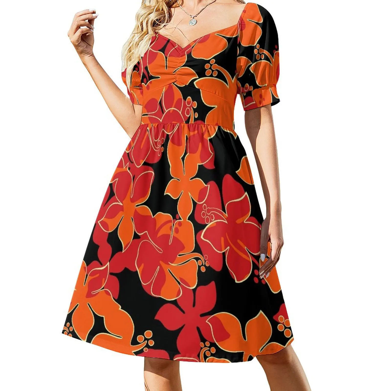 Hanalei havaiano floral camo aloha camisa estampada-vermelho, laranja e preto vestido de manga curta vestido feminino vestido de roupas femininas