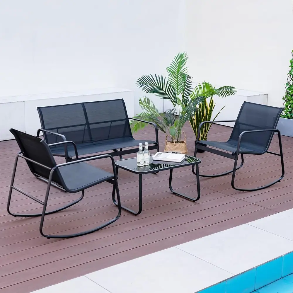 8-Piece Outdoor Patio Rocking Furniture Set: 4 Chairs, 2 Loveseats, Glass Table, Smooth Motion