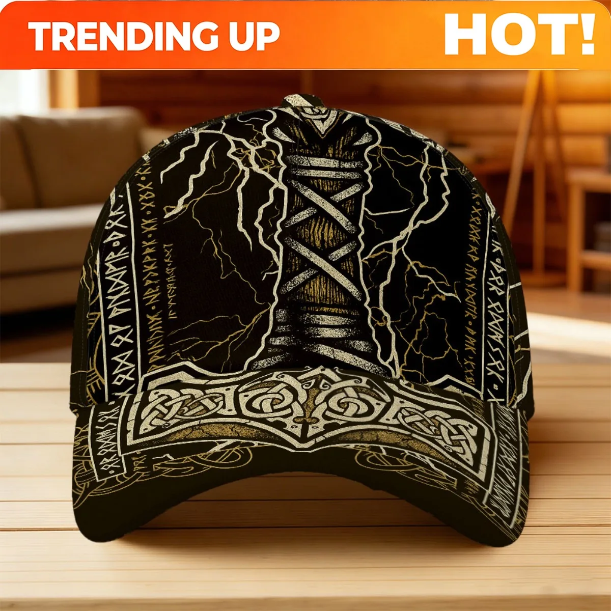 Customization 1pc Featuring A Viking Hammer Thunder Design, This Adjustable Snapback Cap Is Made From Lightweight Polyester. It
