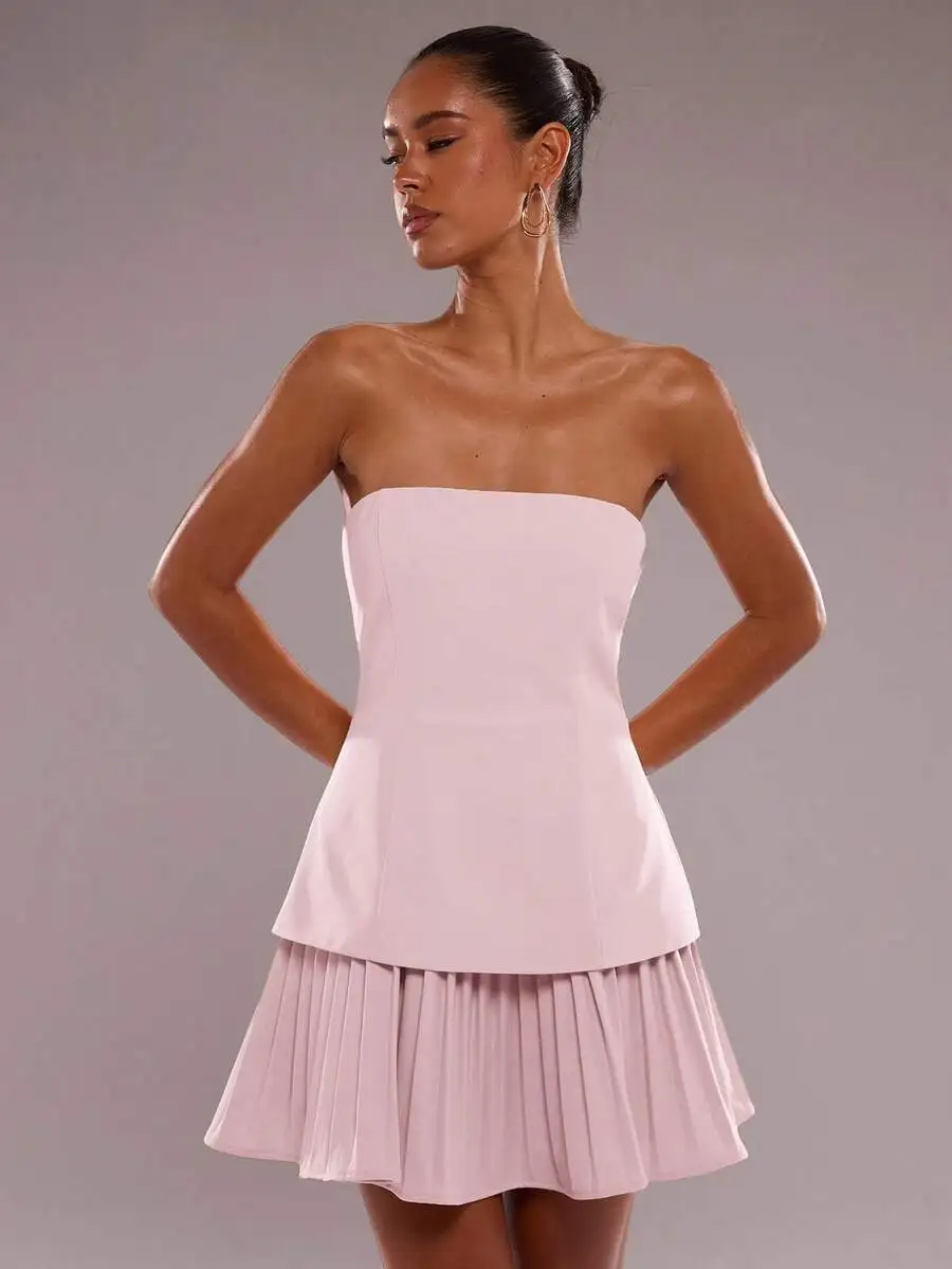 

Womens Solid Color Pleated Hem Strapless Mini Dress Summer