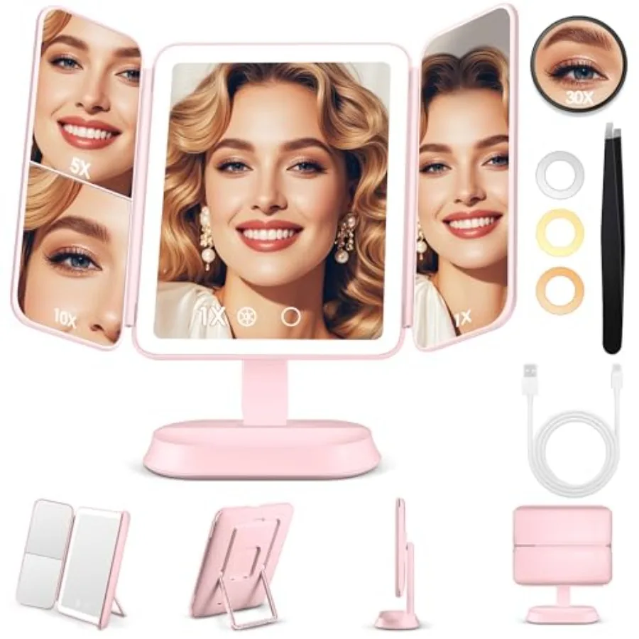 

Vanity Mirror with Lights, Lighted Makeup Mirror with 30X/10X/5X Magnification, Rechargeable Trifold Mirror with 3 Color and Ad