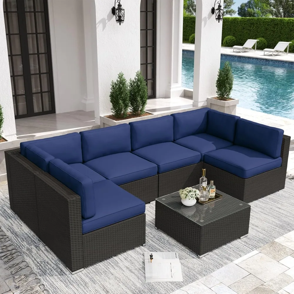 7-Piece Outdoor Patio Furniture Sets, All-Weather Black Wicker Rattan Sectional Sofa, Glass Coffee Table, Garden Furniture Sets