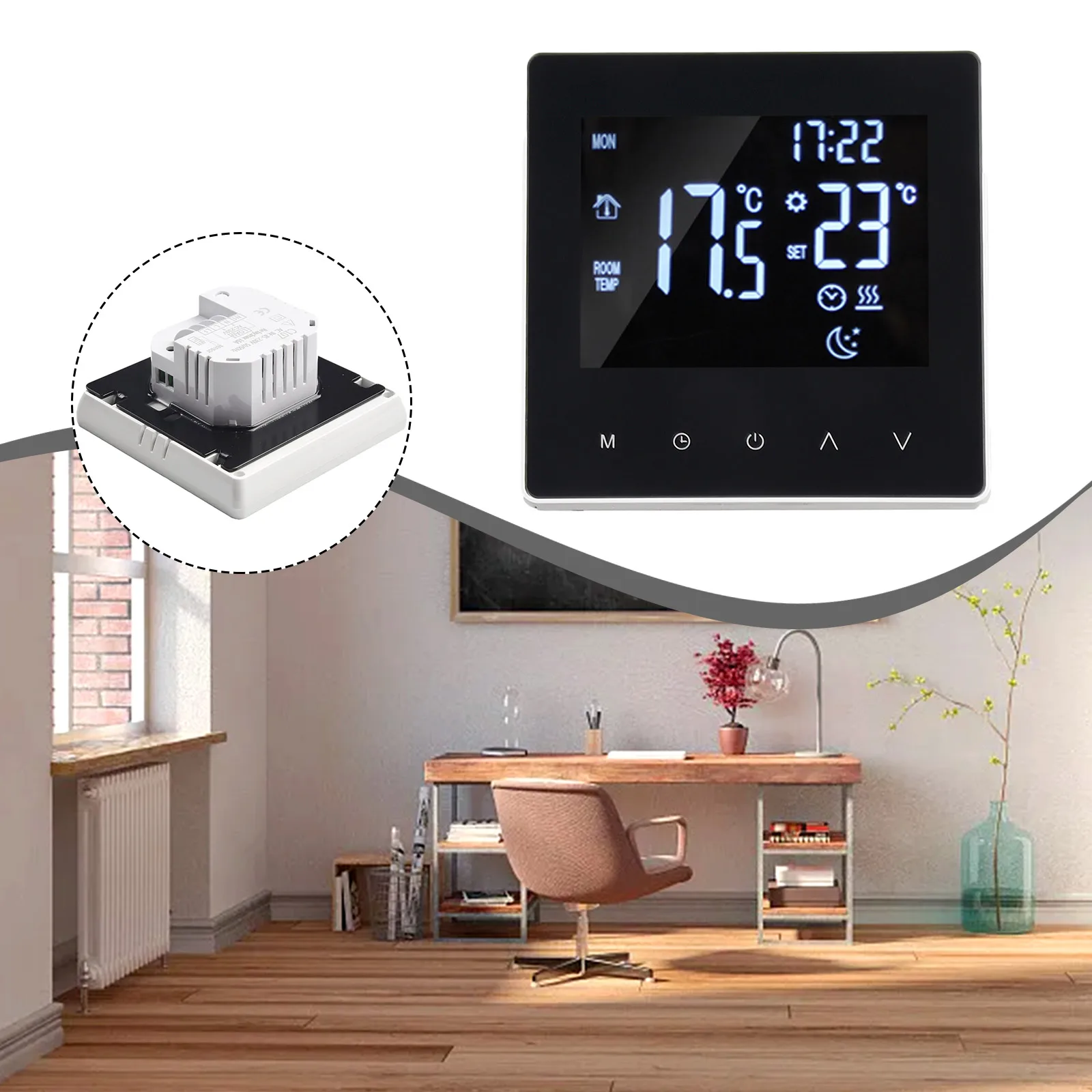 Programmable Touchscreen Thermostat with 6-Period Daily Scheduling Lock Feature and Built-in Ambient Floor Sensors