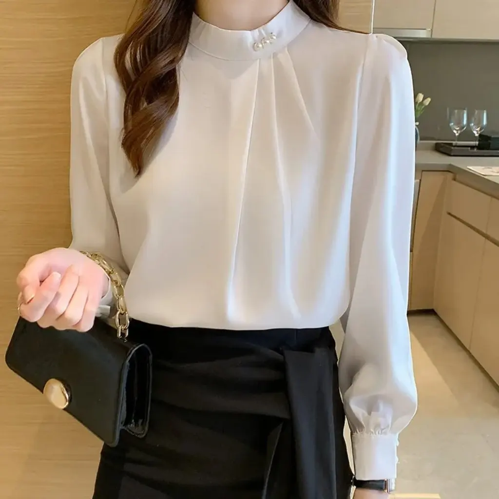 

Women's Long-Sleeved Acetate Satin Beaded Shirt Western Style Bottoming Top for Autumn Chiffon Material Fashion Design