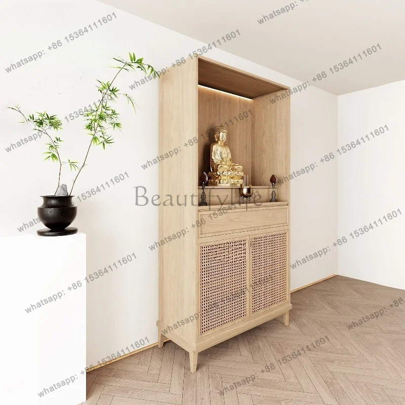 YJ New Chinese Minimalist Zen Style Shrine Cabinet Natural Wood Look Home Altar Table With Door Guanyin Worship Stand