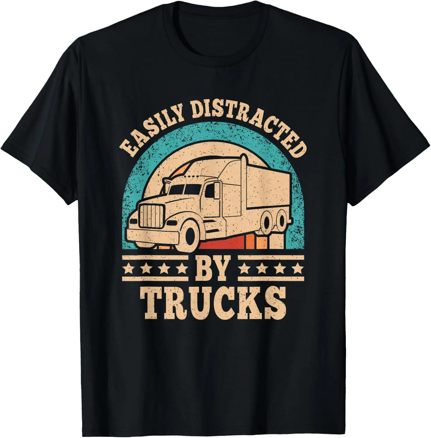 Easily Distracted By Trucks Retro Truck Driver Big Rig Men T-Shirt 100% Cotton Trendy Y2K Short-Sleeve Tee-Soft, Quick-Drying,