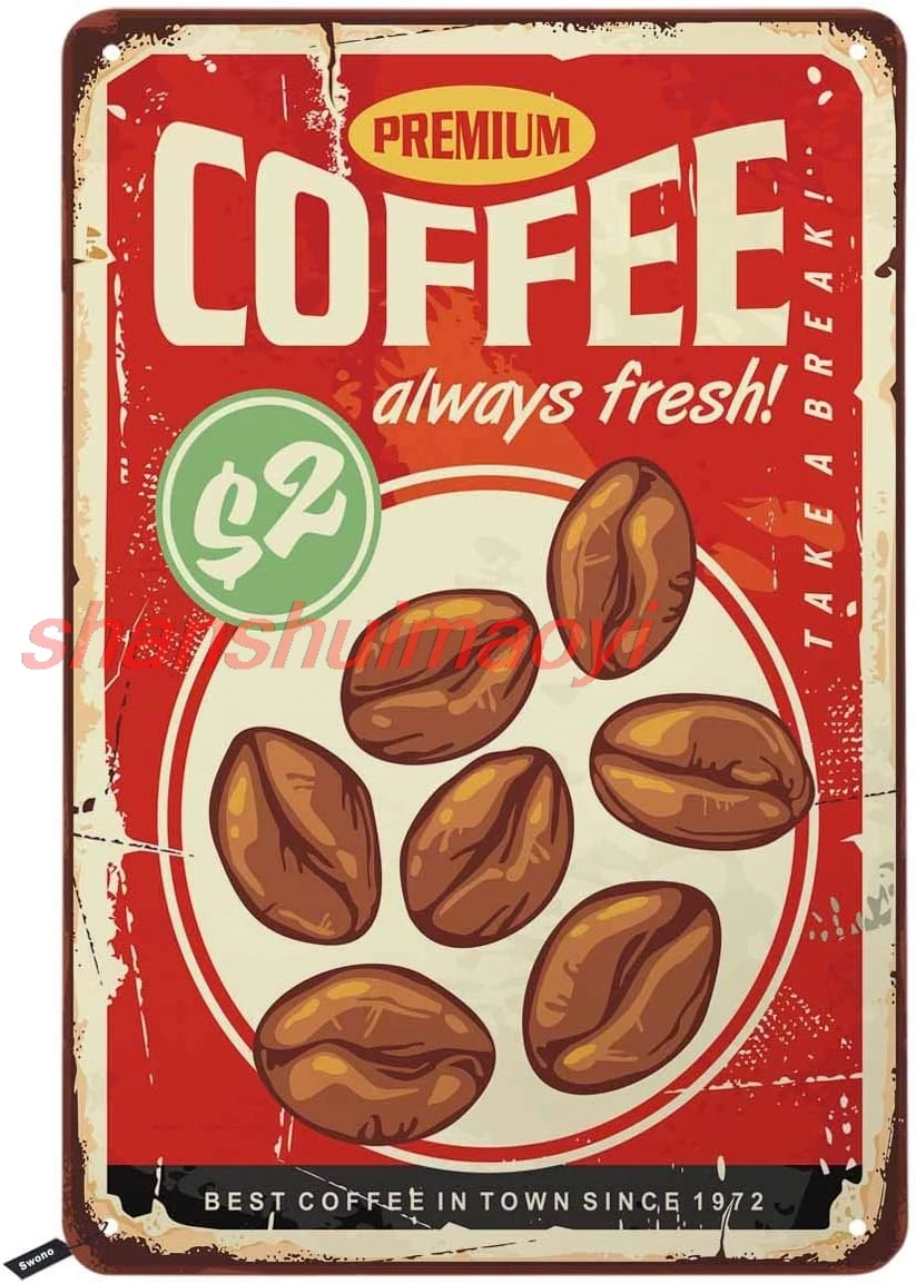 Swono Premium Coffee Tin Signs,Roasted Coffee Beans on Rusty Metal Red Background Vintage Metal Tin Sign For Men Women,Wall sign