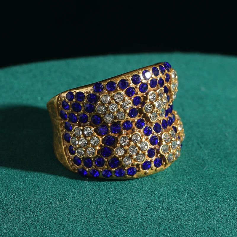 

Vintage Woman Rhinestones Rings High Quality Royal Blue Flower Wedding Gold Color Jewelry Luxury Trends 2026 Gothic Accessories