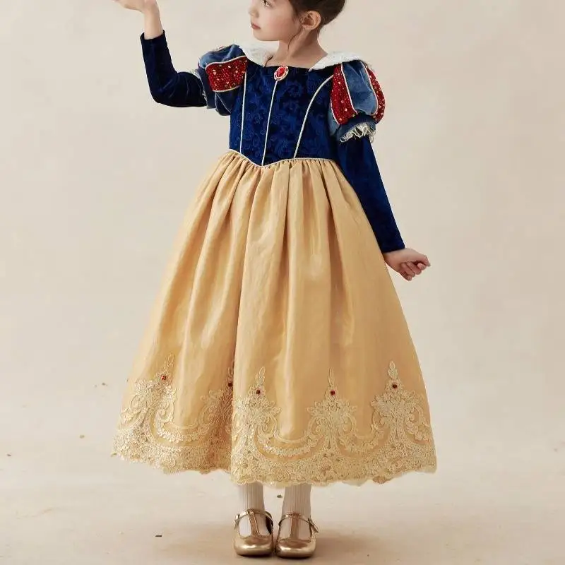 Vitange Block Girls Princess Dress with Cape Puff Long Sleeve Velvet Kids Lace Hem Ball Gown Children Birthday Party Costume