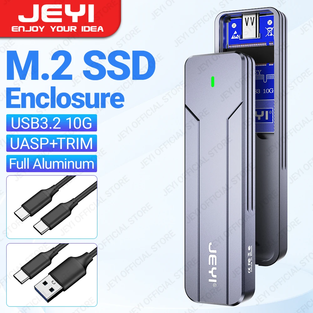 

JEYI M.2 NVMe SATA SSD Enclosure, USB 3.2 Gen 2 10Gbps or 6Gbps NGFF M-Key B-Key External Aluminum M.2 Case Support Trim UASP