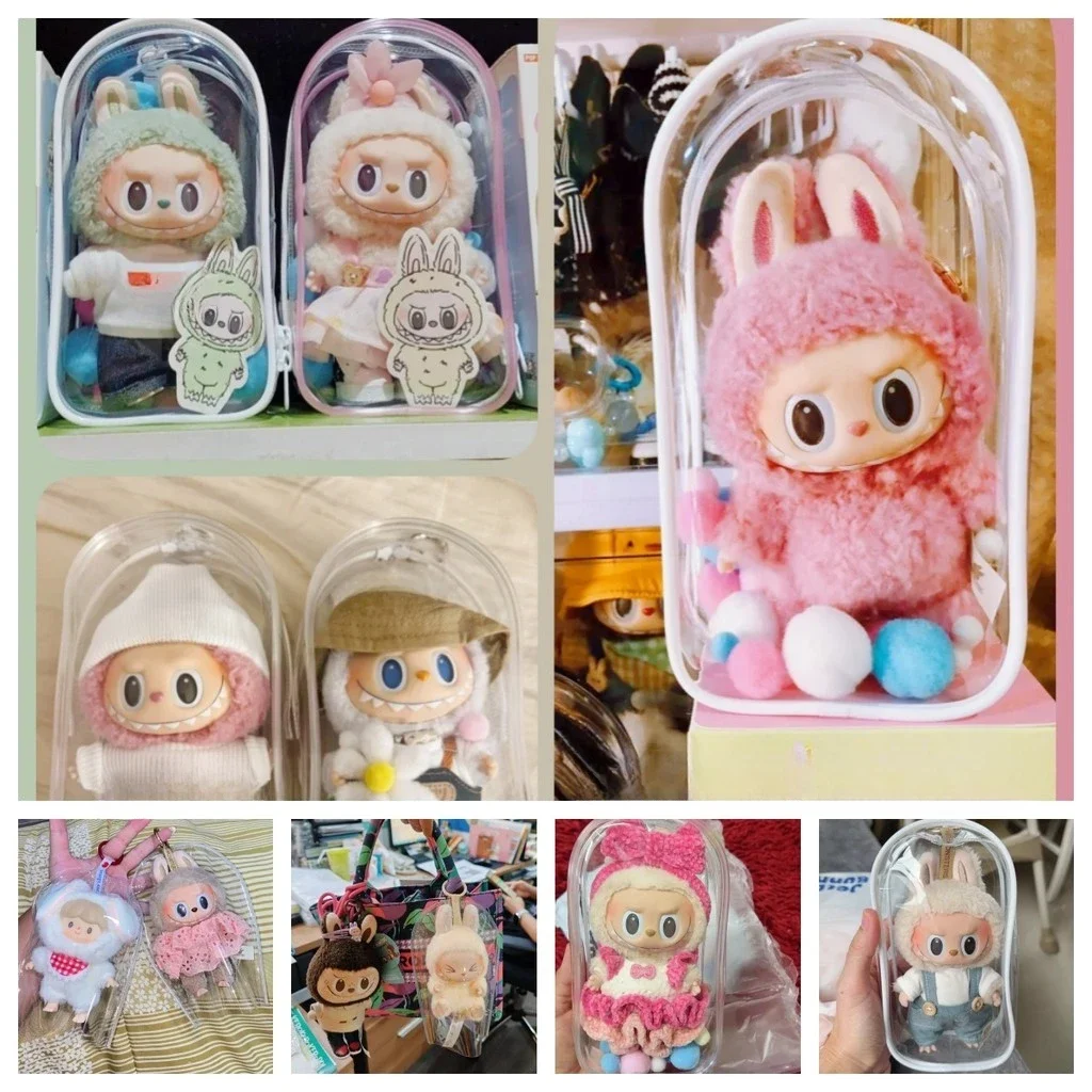 For Labubu v1 v2 / Liila cat Protective Bag Thick Silicone Case PVC Transparent Doll Dustproof Box with Keychain and balls