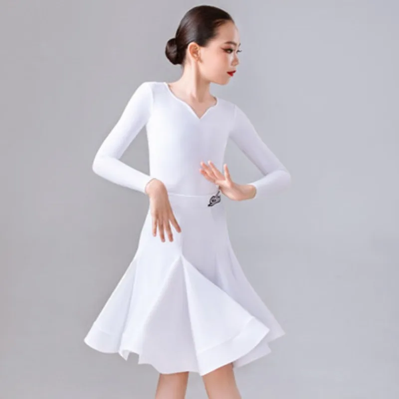 Robe de danse latine personnalisée, tenue de pratique quotidienne pour filles, Costumes de compétition de spectacle pour enfants, haut et jupe à manches longues