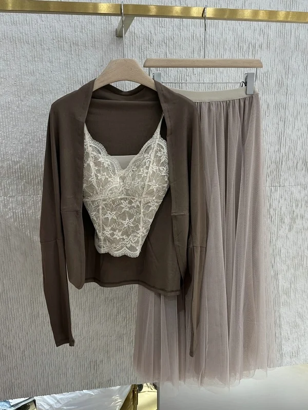 

Korean Style Soft Three-Piece Set Spring Summer Sun Protection Lace Bralette Mesh Skirt Three-Piece Women's Fashion Set