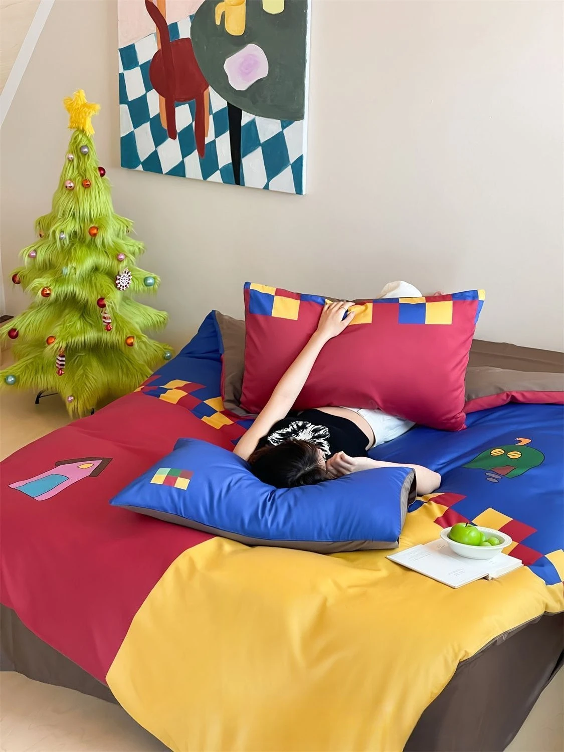 American retro contrasting color 100 pure cotton four-piece set retro dopamine plaid four-season universal quilt cover bed sheet