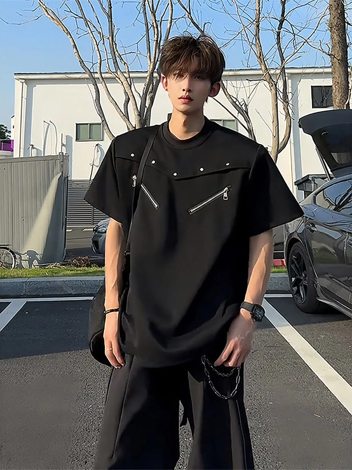 Cleanfit Zip Shoulder Pad T-Shirt Short Sleeve Men Summer Handsome High-End Base Shirt Half Sleeve Body T-Shirt Casual Style