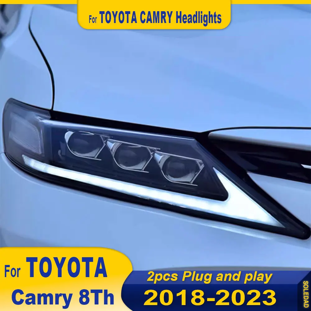 Car Full LED Headlights for Toyota Camry 8th Gen 2018 2019 2020-2023 Three Lenses HeadLamps Assembly  DRL Sequential Turn Signal