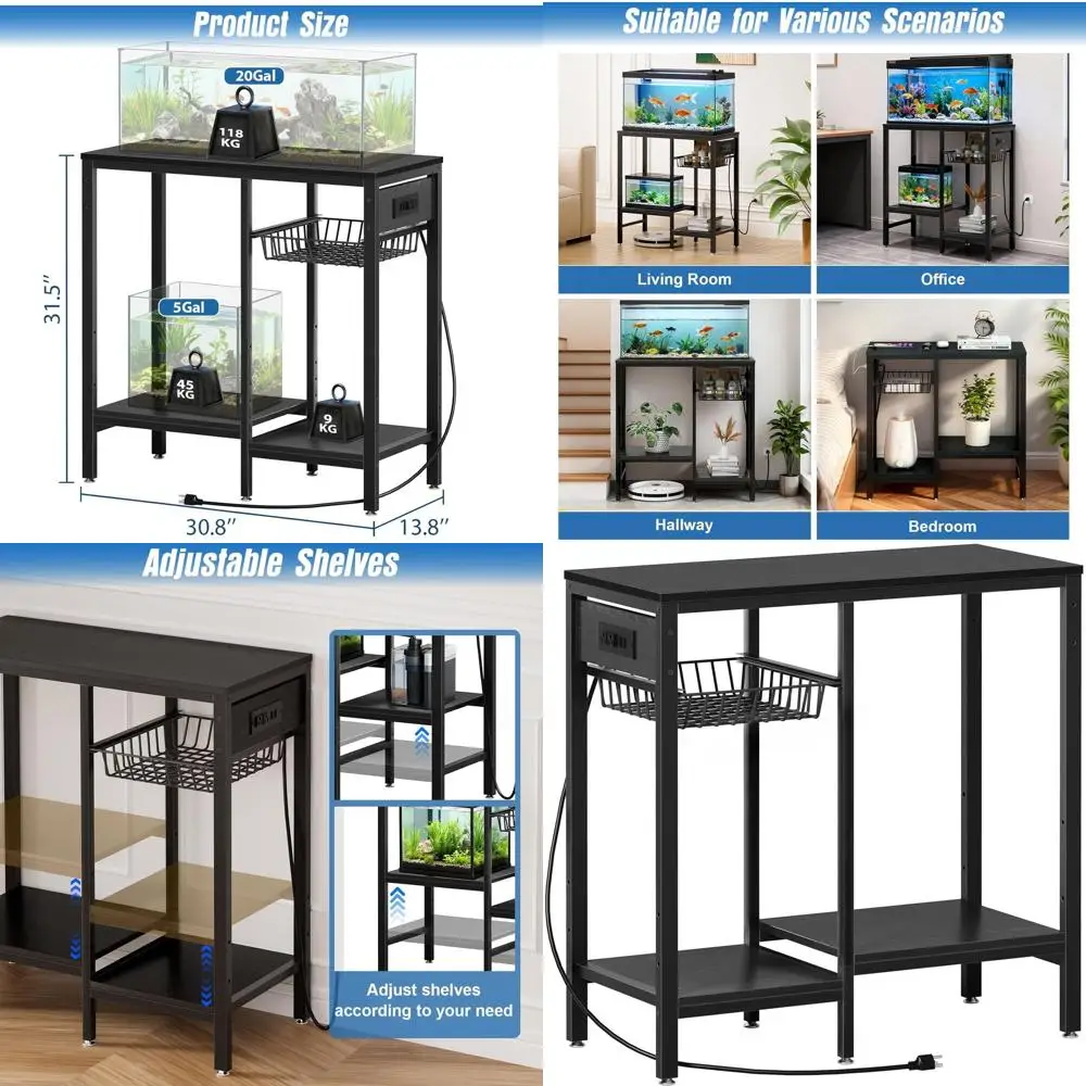 

Регулируемая металлическая подставка для бака на 20 галлонов с розеткой, полками, местом для хранения и грузоподъемностью 660 фунтов, черная