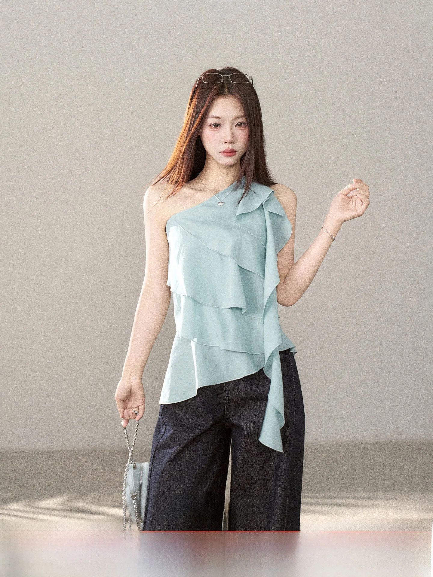 

Женская рубашка Slim Fit без рукавов, сине-зеленая, универсальный стиль, для повседневной носки, модный корейский бренд, дышащая, приятная к телу, весна-лето