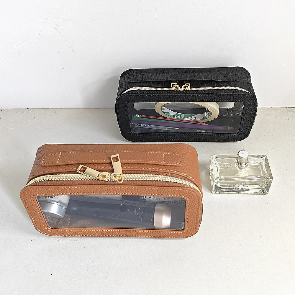 Personalisierte Kosmetiktasche aus PU-Leder, transparente Reisetasche mit Reißverschluss für Damen, wasserdichte Make-up-Tasche mit großem Fassungsvermögen, luxuriöse Aufbewahrungstasche – Detail 7