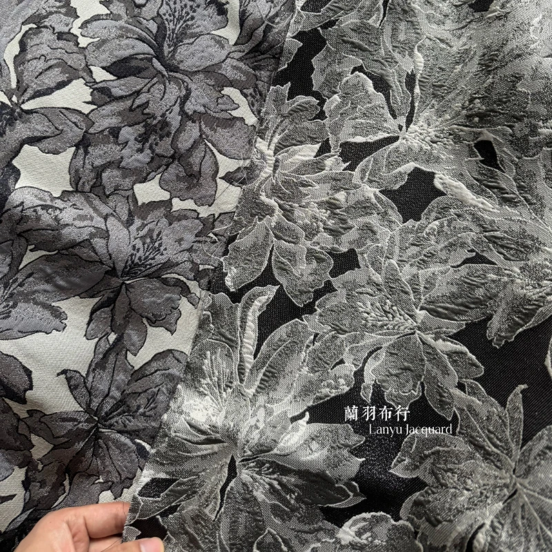 Jacquard Fabric for Per Meter Jacket Clothing Designer Grey White Black Flowers Sewing Cloth for Diy Polyester Material