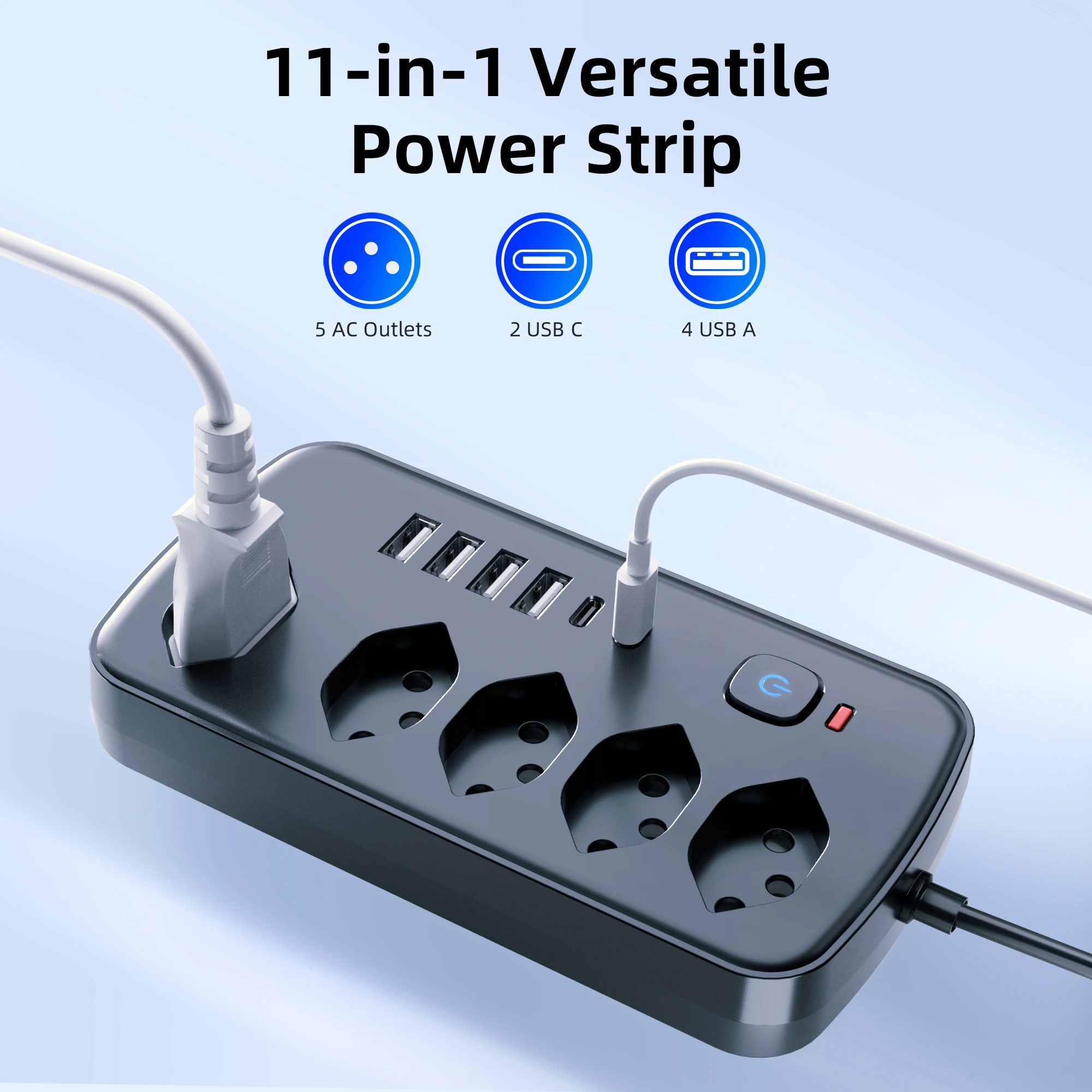 11 in 1 Power Strip, With 6 USB Charger (2 USB C), 5 AC Outlets Compact Desk Charging Station Wall Mount For Office, School