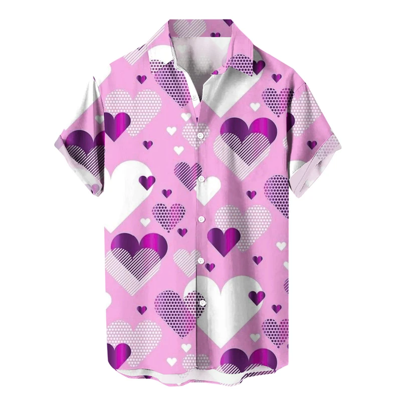 Camisa informal con estampado 3D de amor para hombre, Top de manga corta con solapa de Estilo Hawaiano, ropa de playa transpirable