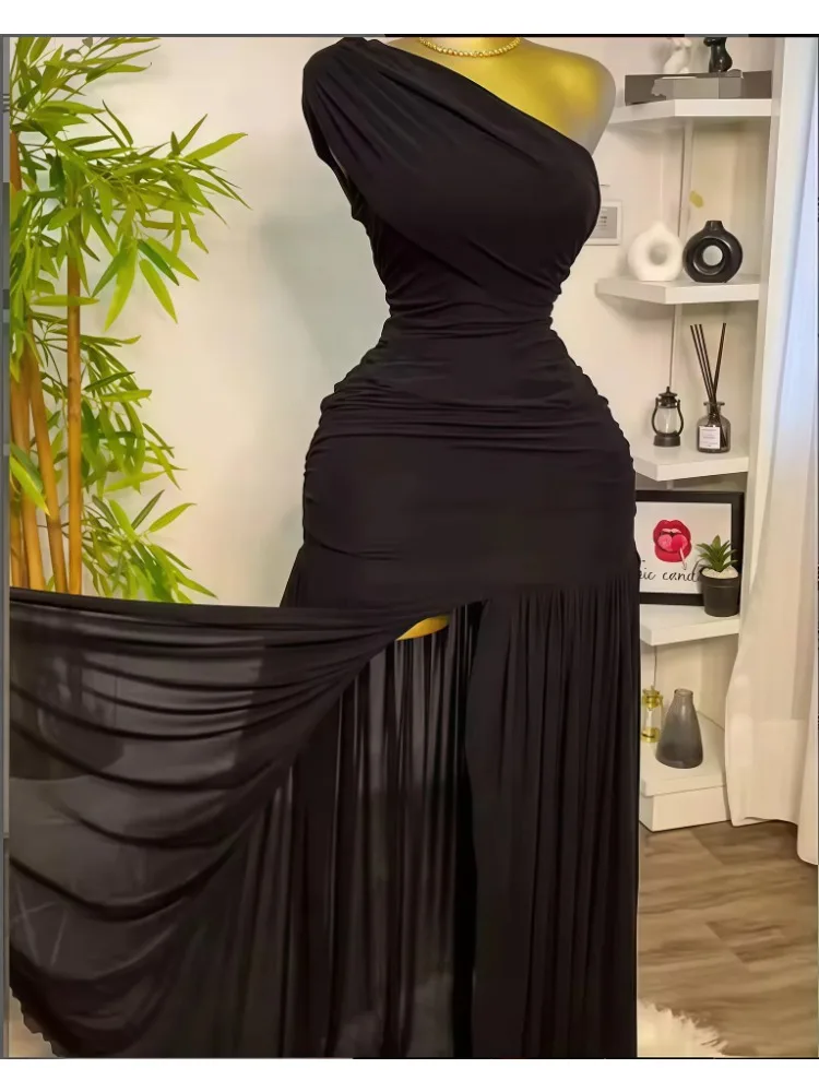 Damska Sukienka Maxi Bodycon z Jednym Ramieniem, Asymetrycznym Dekoltem, Wysokim Rozcięciem, Plisowanym Dołem, Długa, Wieczorowa, Sexy, Klubowa, na Imprezę, Vestido 2025