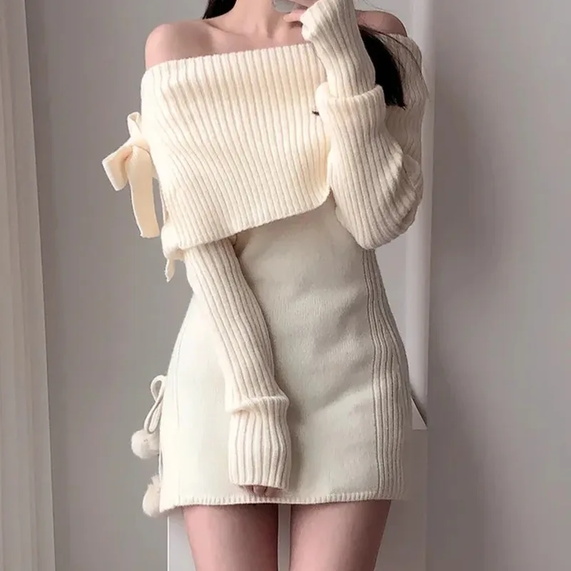 

Fall Winter Y2k Knitted Dresses For Women Slash Neck Off Shoulder Bow Bandage Sexy Slim Mini Dresses Female Sweater Knit Vestido