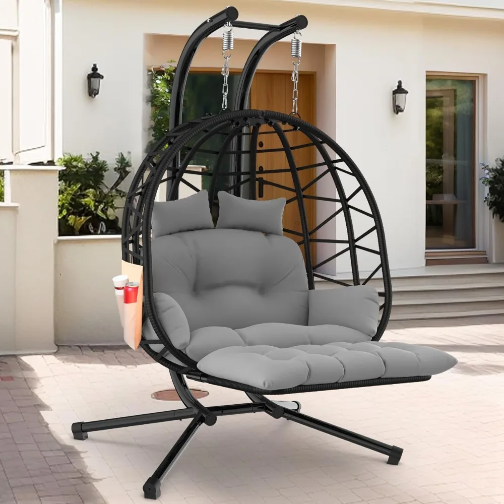 

Double Egg Chair With Stand & Leg Rest, 2 Person Rattan Wicker Swing Chair With Uv Resistant Cushion And Pillow,