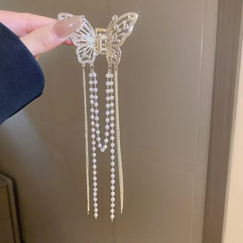 Imitation Pearl Butterfly Long Tassel Hair Claws for Women Elegant Rhinestones Shark Clips Half Tie Charms Hairpins Accessories image 5