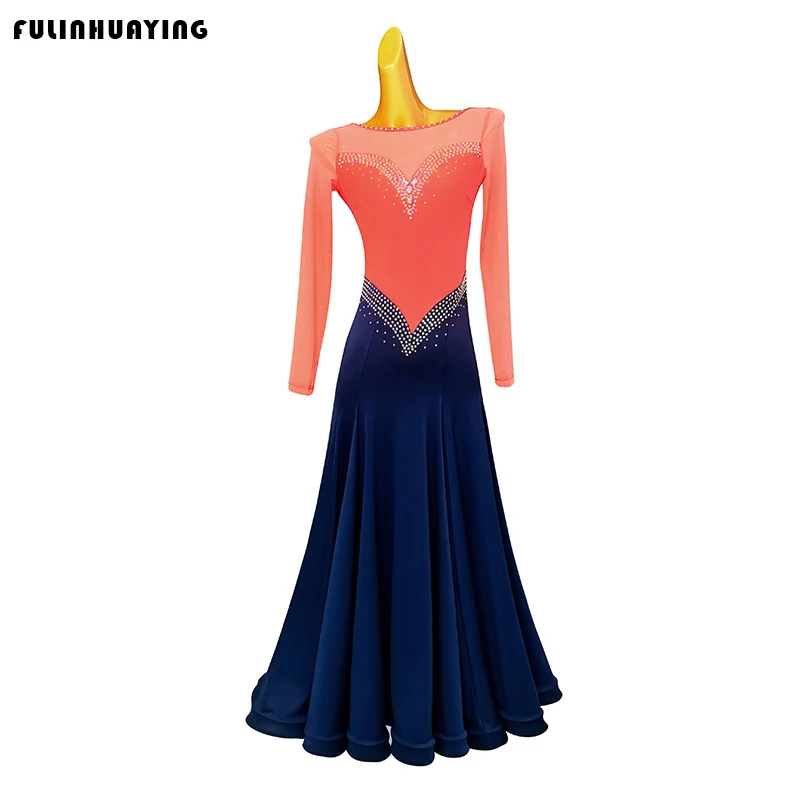 

Платье для бальных танцев с длинными рукавами, в стиле колор-блок, с открытой спиной, платье для вальса, высококачественный костюм для соревнований, платье для танго, тренировочное платье с пышной юбкой