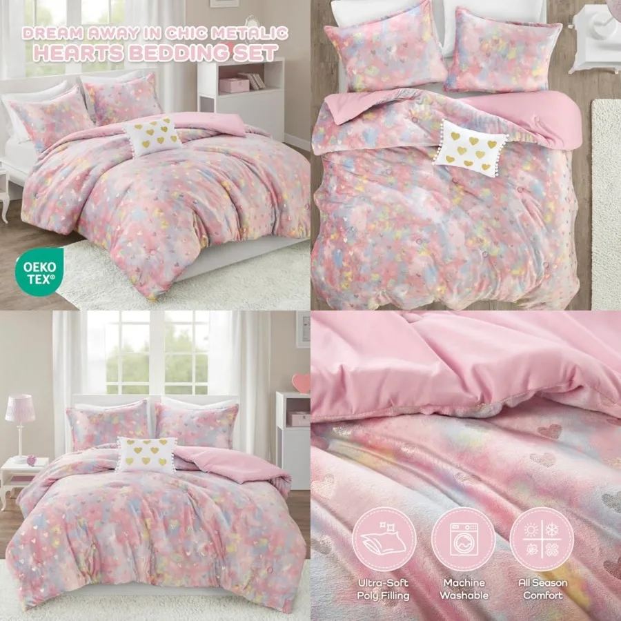

Queen Comforter Set, 4 Pcs Metallic Hearts Bedroom Set for Girls, Queen Bed Set Soft Plush Comforter, Rosalie All Season Fluffy