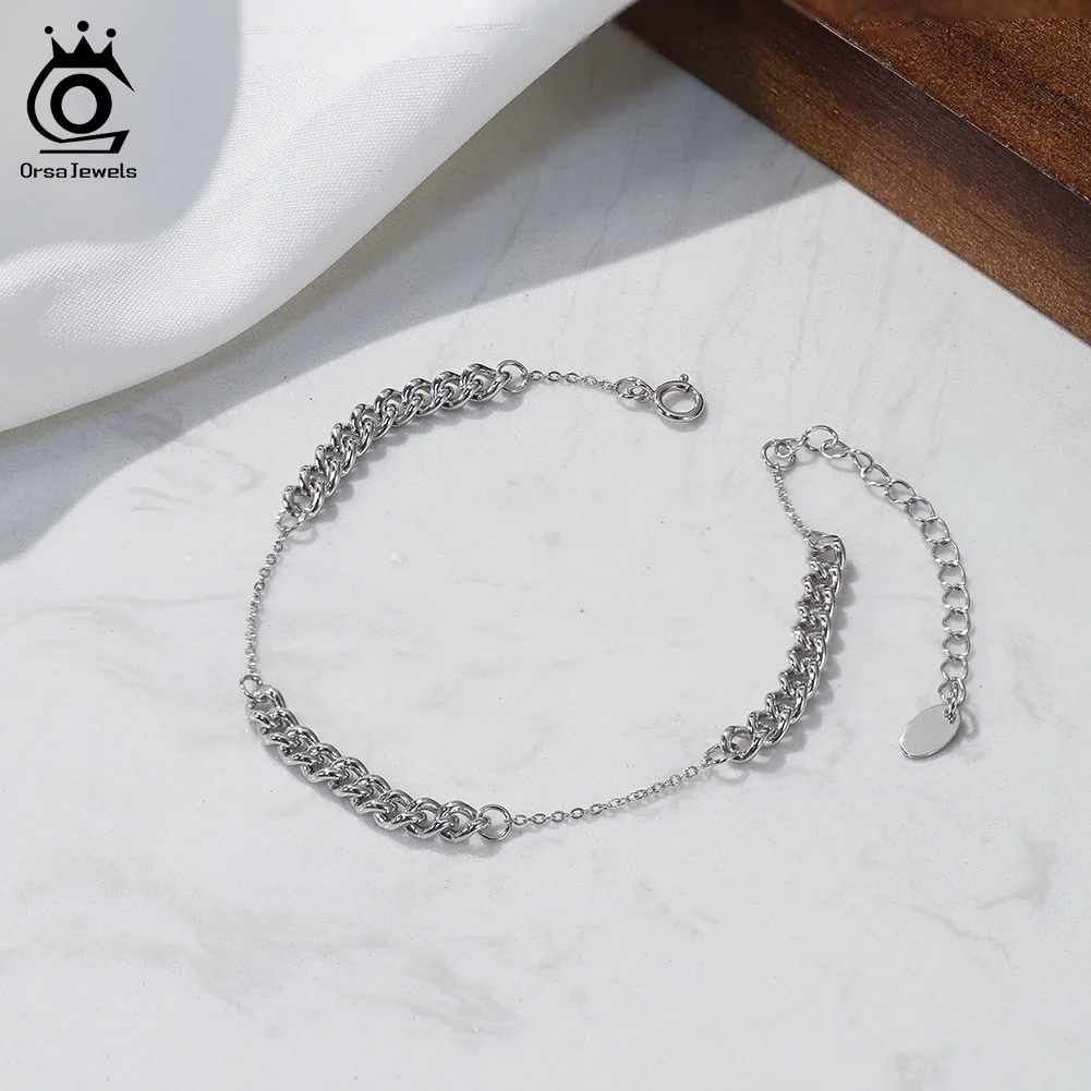 ORSA جواهر حقيقية S925 الفضة الكوبية كبح ربط سلسلة سوار للنساء شيك العصرية المعصم اليد طقم مجوهرات GAB06 #3