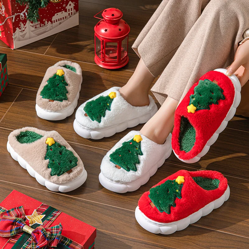 Women Winter Fluffy Faux Fur House Slippers Female Christmas Tree Soft Sole Floor Slippers Woman New Indoor Cozy Warm Flat Shoes