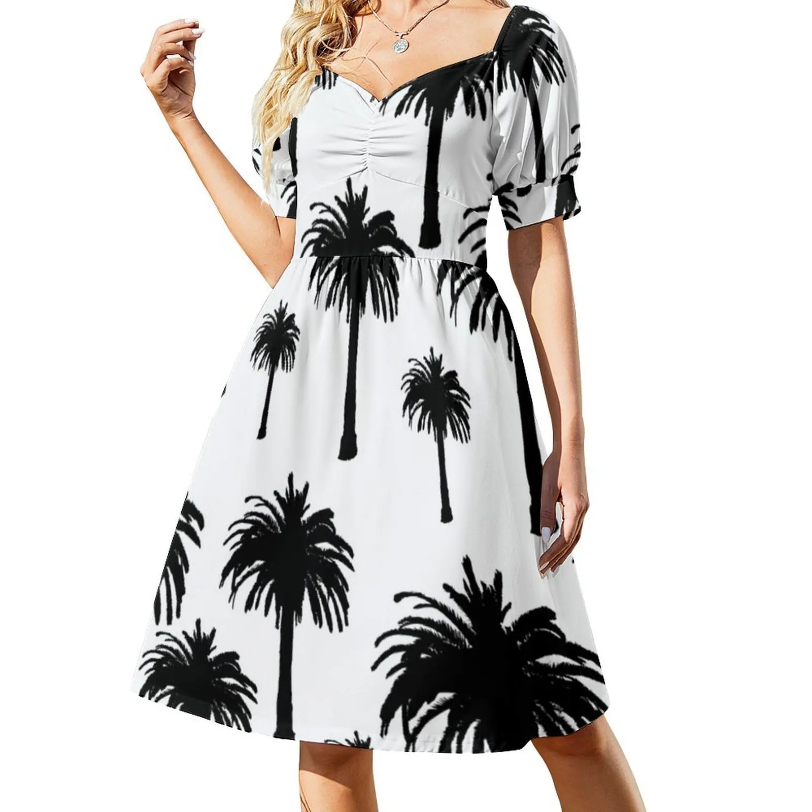 Black and White Palm Tree Print Short Sleeved Dress loose summer dress dresses women summer 2025 dress party night