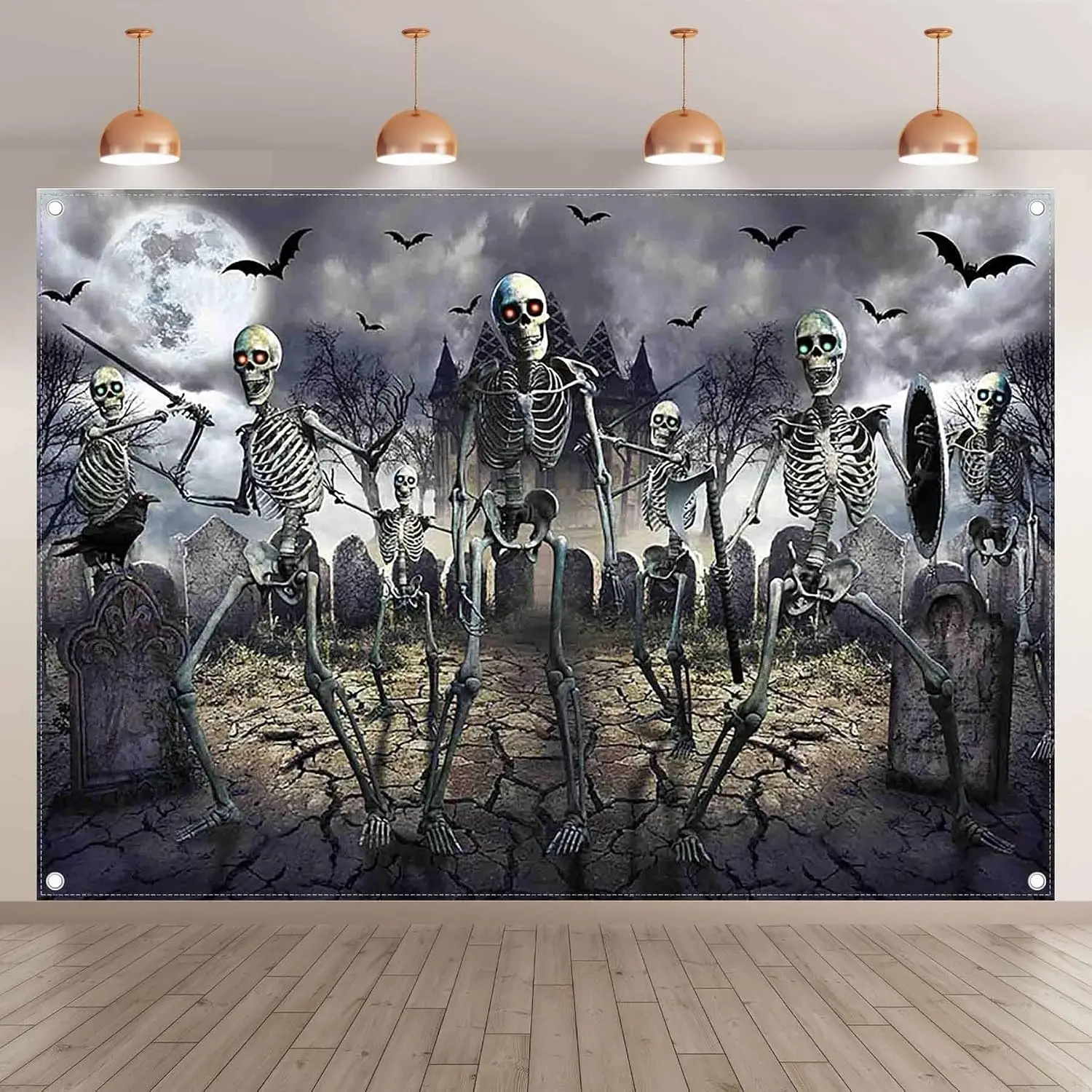 Halloween Zombie Graveyard Photography Backdrop, Full Moon Night Bat Skeleton Scary Kids Party Background Photo Booth Banner