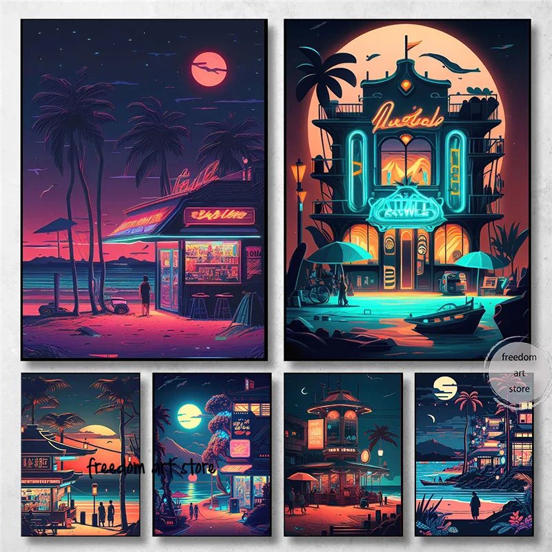 Neon Fantasy Style Pink Beach Grill Beach Moon Bar Landscape Art Poster Canvas Painting Wall Prints Picture for Room Home Decor