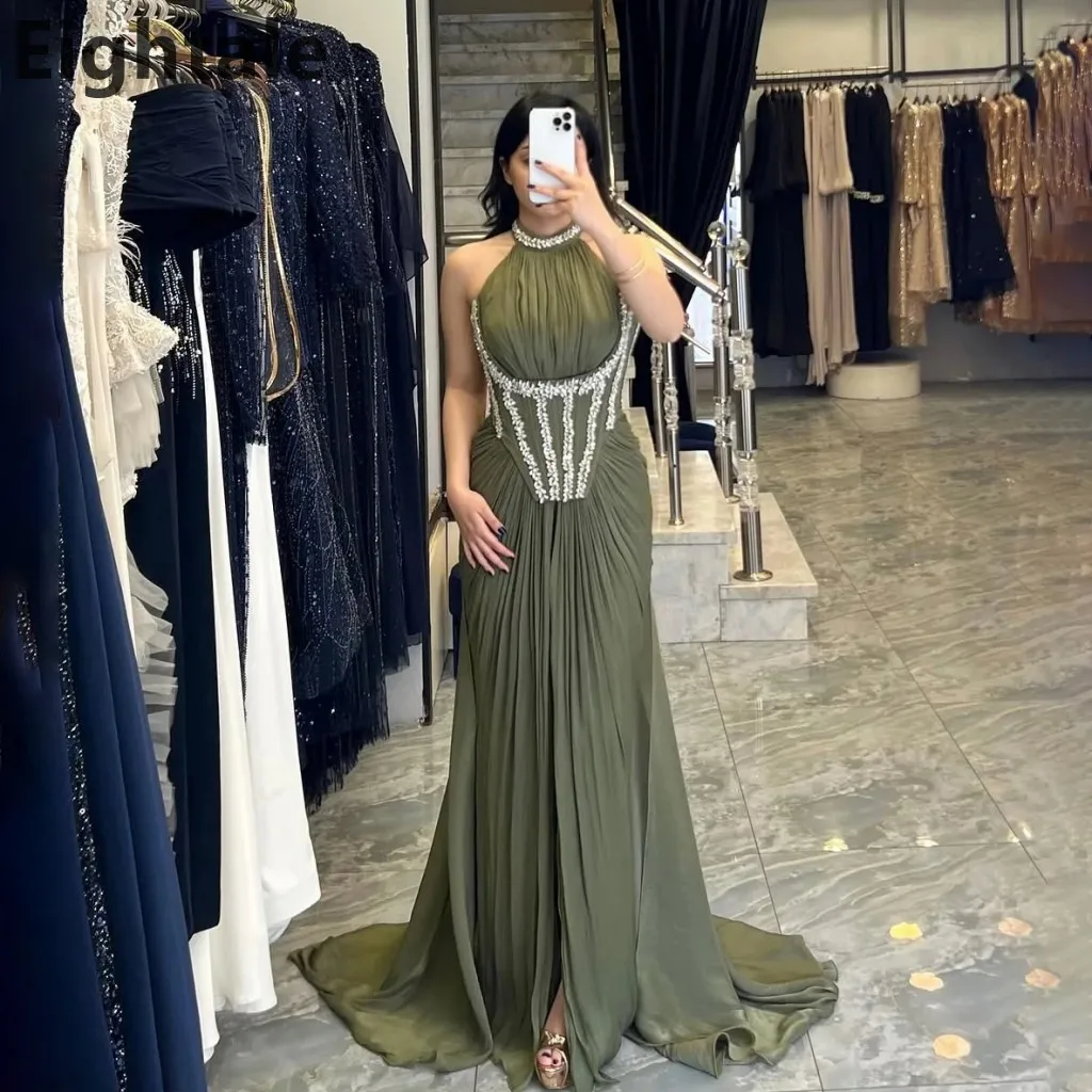 فستان سهرة طويل بحورية البحر باللون الأخضر العسكري من Eightale 2025 لحفلات الزفاف الرسمية برقبة رسن للحفلات الراقصة في دبي #1