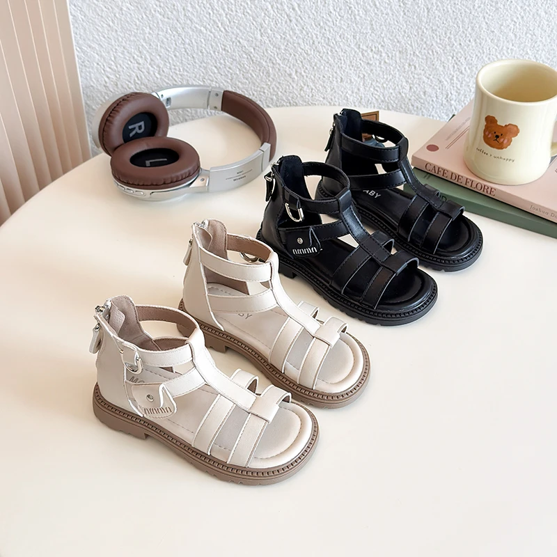 

YUYIN Girl Princess Shoes Solid Color Children's Roman Sandals with Zipper 2026 Summer New Children's Beach Shoes Soft Sole