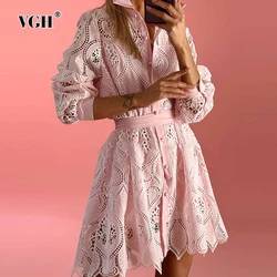 VGH Hollow Out Embroidery Mini Dresses For Women Lapel Long Sleeve High Waist Patchwork Single Breasted Elegant Dress Female New