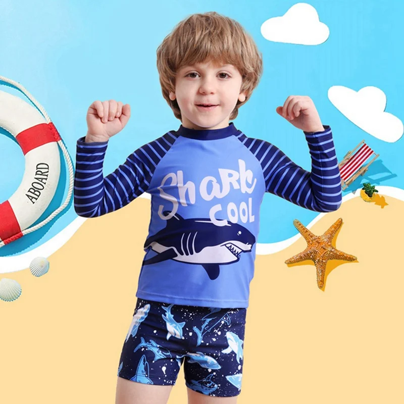 Summer Boy Swimsuit Cute Cartoon Shark Print Long Sleeve Two Piece Swimwear Kids Sun Protection Bathing Suits Beachwear 4-8Y