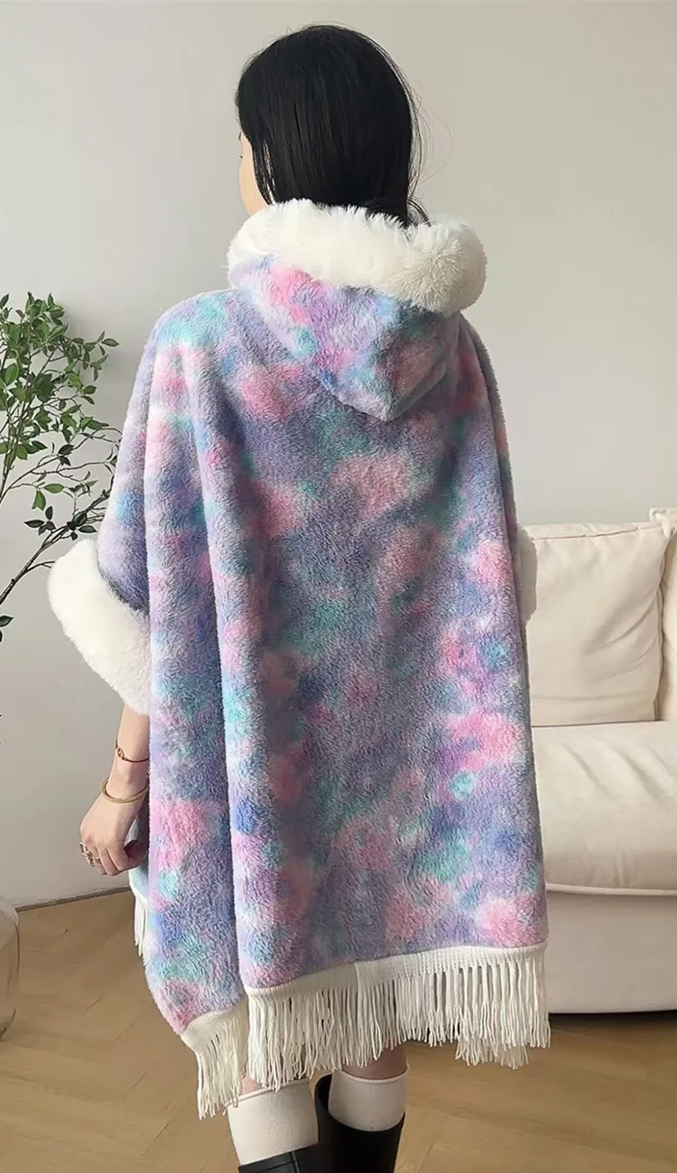 Women Cardigan Mantle Loose Printed Poncho Cape Winter Thicken Velvet Overcoat With Hat Warm Big Faux Fox Fur Neck Long Cloak